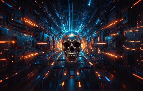 A futuristic skull adorned with circuitry stands at the center of a glowing, cybernetic tunnel lined with blue and orange neon circuitssymbolizing technologys deadly allure.