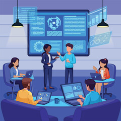 Business Team Meeting in Modern Office with Data Visualization and Technology