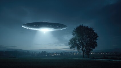 Obraz premium UFO hovers above a field under a dark, atmospheric sky