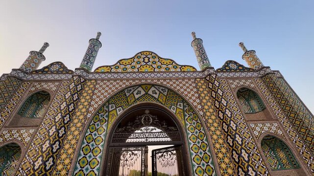 Ancient brick gate in historic landmark located in Tehran Iran Islamic architecture featuring archway minaret cobblestone street medieval fortress urban culture tourists sightseeing travel destination