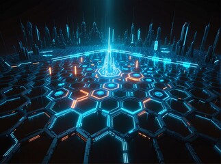 A futuristic cyberpunk cityscape with glowing blue hexagonal platforms and towering neon skyscrapers under a dark, atmospheric sky. The scene radiates advanced technology and sci-fi energy.