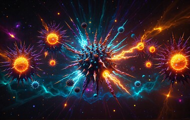 A cosmic explosion of vibrant, spiky energy orbs radiating lightning and neon hues across a starry voidfusion of science fiction and surreal power.