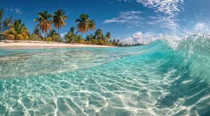 Tropical beach, crystal-clear water, palm trees, sunny day