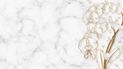 gold flowers, pearls and marble background