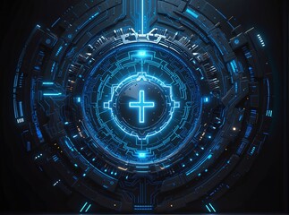 A futuristic, circular tech interface with glowing blue circuitry and a central cross symbol, evoking advanced digital or cybernetic technology.