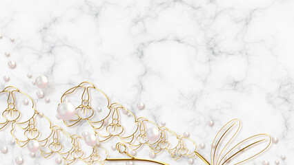 gold flowers, pearls and marble background