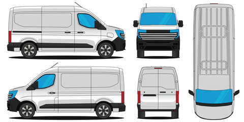 Van car vector. Car mockup illustration of a interstar van.  Isolated on white background, With side, front, rear and top views © Deden Irfandi