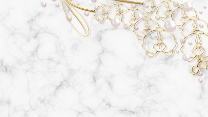 gold flowers, pearls and marble background