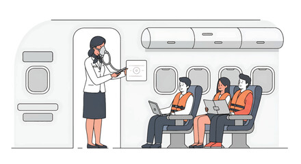 Illustration of a flight attendant greeting passengers on an airplane with a welcoming gesture.