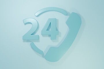 Blue Telephone 24 hours support icon isolated on blue background. All-day customer support call-center. Full time call services. Minimalism concept. 3D render illustration