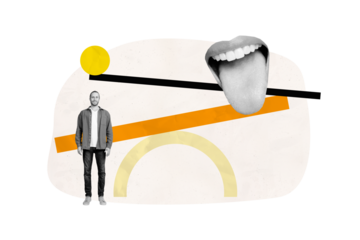 Composite trend artwork sketch image 3D photo collage of element geometry hurdle young man student miniature huge mouth swing weights