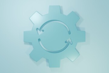 Blue Gear and arrows as workflow concept icon isolated on blue background. Gear reload sign. Minimalism concept. 3D render illustration