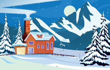 Naklejka premium Winter Scene Snowy Cottage Mountain Sketch Background Vector Design