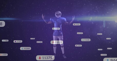 Standing football player wearing helmet, shoulder pads in digital arena, with floating social icons
