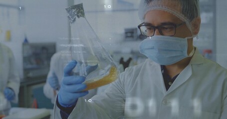 Inspecting scientist wearing lab coat and gloves examining Erlenmeyer flask in lab, copy space