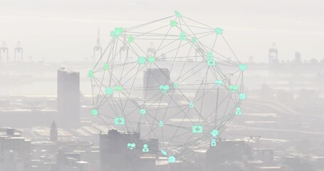 Hovering digital network sphere mapping interconnected lines and glowing icons above city skyline