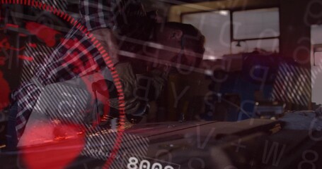 Metalworker wearing plaid shirt using angle grinder generating sparks in workshop with red overlay