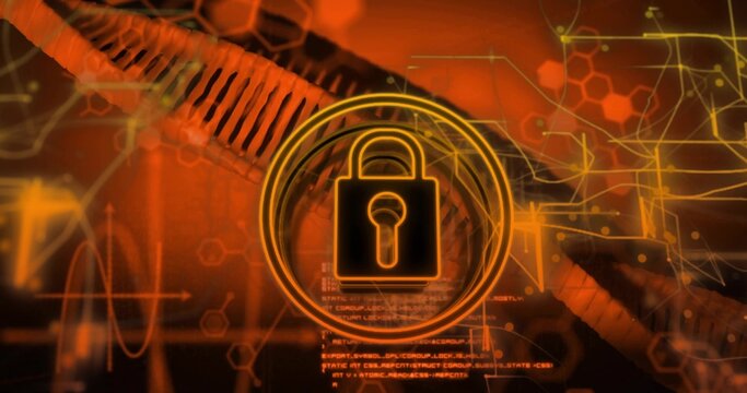 Displaying padlock icon floating in ring at security dashboard, with braided cables and code