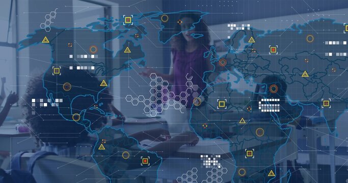 Teaching teacher gesturing toward students at desks with notebooks in classroom, with map overlay - Powered by Adobe