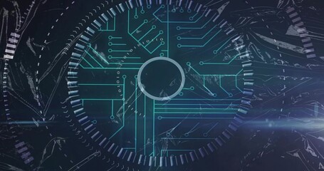 Displaying disc with gear ring emitting traces on screen, with binary glitch lines and flares