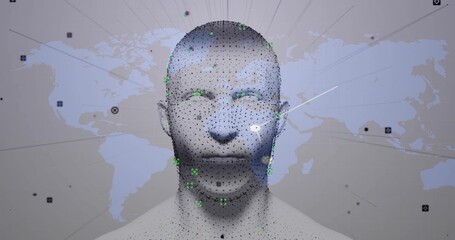Showing 3D head model in virtual dashboard with mesh, green markers, radial lines to map nodes