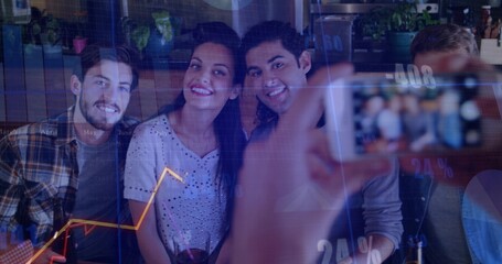 Taking five friends leaning in and smiling in bar lounge, with smartphone selfie and data overlay