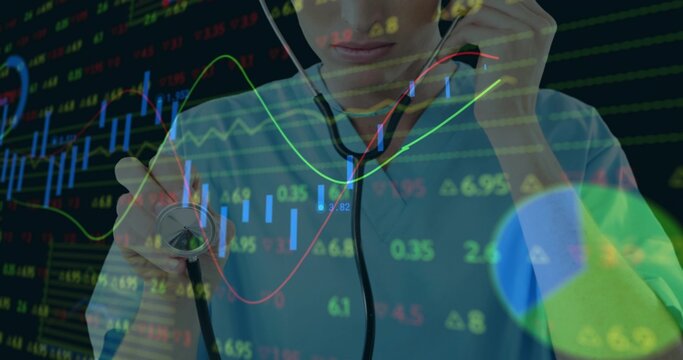 Listening male doctor holding stethoscope on dark backdrop, with candlestick charts and market data