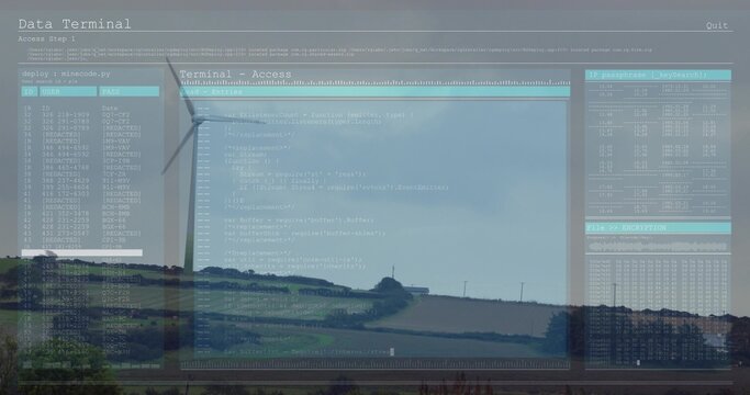 Overlaying terminal code editor and IP stats on fields and hedgerows, wind turbine and farmhouse - Powered by Adobe