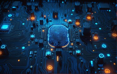 A futuristic circuit board featuring a glowing fingerprint scanner at its center, surrounded by illuminated components and intricate blue pathwayssymbolizing advanced biometric security technology.