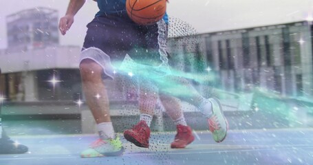 Basketball players dribbling and guarding on outdoor court, wearing sports shorts, neon sneakers