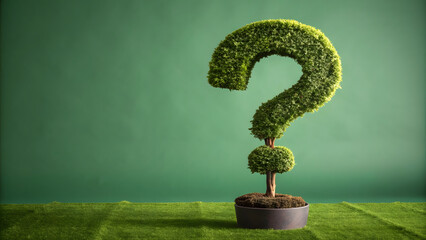 Creative green topiary shaped as a question mark symbol in a flower pot on grass against a studio green background