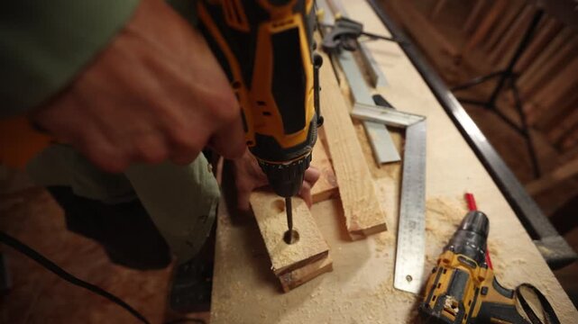 A man is using a drill to make a hole in a piece of wood