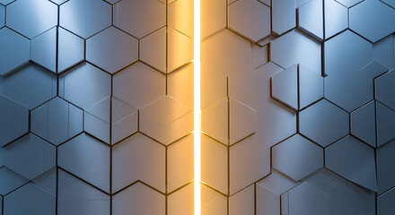 Abstract Geometric Pattern of Metallic Hexagons with a Bright Yellow Light Strip Illuminating a Blue Background