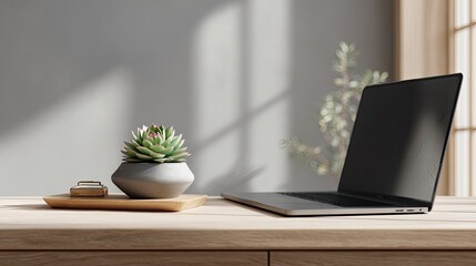 Laptop and succulent on a light wooden desk, bathed in natural light
