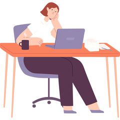 Cartoon woman sitting at a desk with a laptop and coffee mug looking bored with dark purple pants and white shirt with transparent background