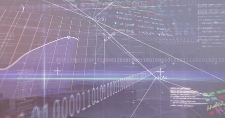 Displaying curved white line graph rising on virtual dashboard with binary code and stock tickers