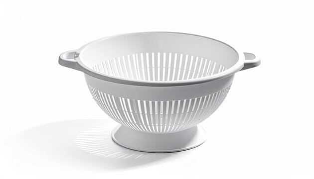 White plastic colander with handles, pedestal base