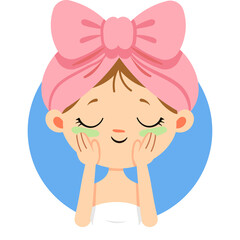 Cartoon Young Girl Wearing Pink Headband Applying Under Eye Patches With Closed Eyes And Smiling Contentedly