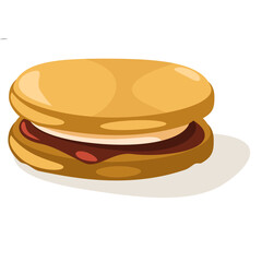 Cartoonish Illustration of a Round Sandwich with a Golden Brown Bun and Red Filling Isolated on a Transparent Background With Soft Shadow