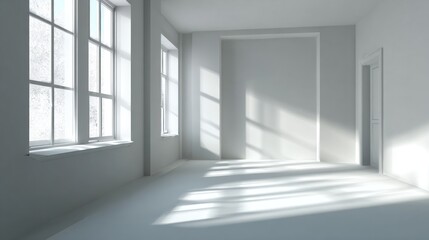 Fototapeta premium Minimalist interior with large windows and bright sunlight creating shadows