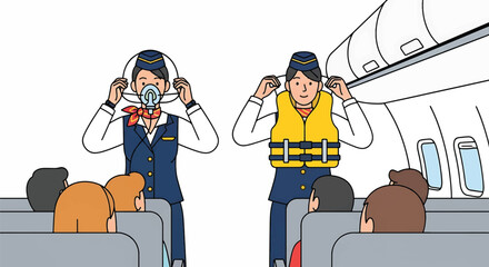 Illustration of two flight attendants putting on oxygen masks and life vests in an airplane cabin with passengers.