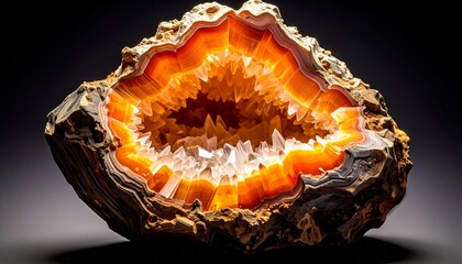 Macro Shot of Glowing Orange and White Crystal Geode Cave Interior Natural Gemstone Formation Geological Wonder