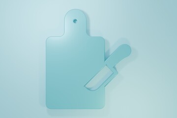 Blue Cutting board and knife icon isolated on blue background. Chopping Board symbol. Cutlery symbol. Minimalism concept. 3D render illustration