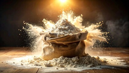 Explosion of Flour from Burlap Sack on Wooden Surface with Dramatic Golden Backlight High Speed Photography