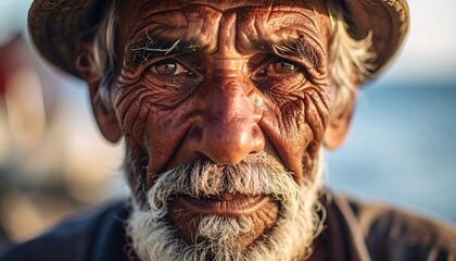 Close up Portrait of an Elderly Fisherman with Weathered Face and Kind Eyes Inspiring Wisdom and Resilience