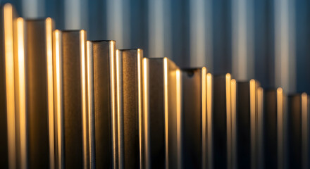 Obraz premium Abstract Close-Up of Metallic Stripes Reflecting Warm Light Against a Cool Background Creating a Unique Visual Pattern