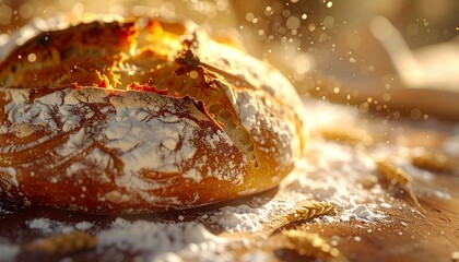 Artisan Sourdough Bread Close Up with Flour Dusting and Wheat Stalks in Golden Sunlight