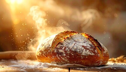 Golden Sunlight Illuminates Freshly Baked Artisan Sourdough Bread Covered in Flour with Flour Dusting in Air