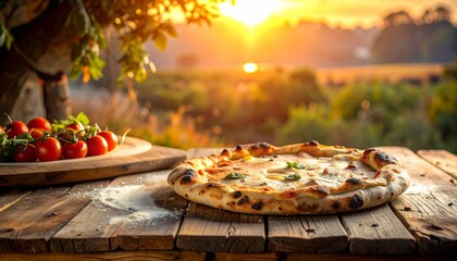 Delicious Homemade Margherita Pizza on Rustic Wooden Table at Golden Hour Sunset Outdoor Dining Experience