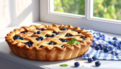 Delicious Homemade Blueberry Pie with Lattice Crust on Window Sill Sunny Day